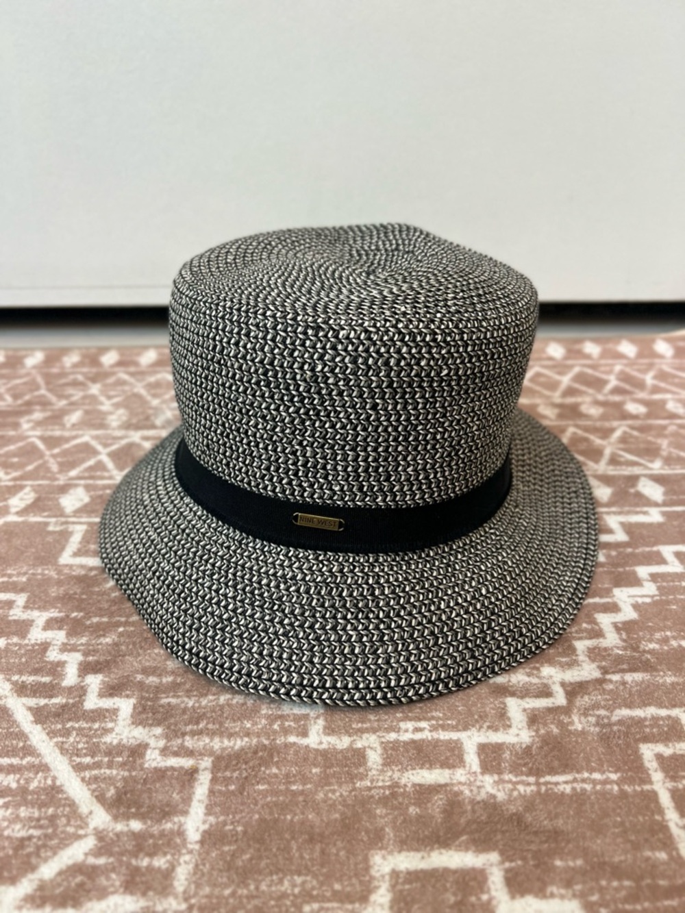 Nine West Black and White Woven Packable Bucket Hat. Summer hat 50+UPF protect